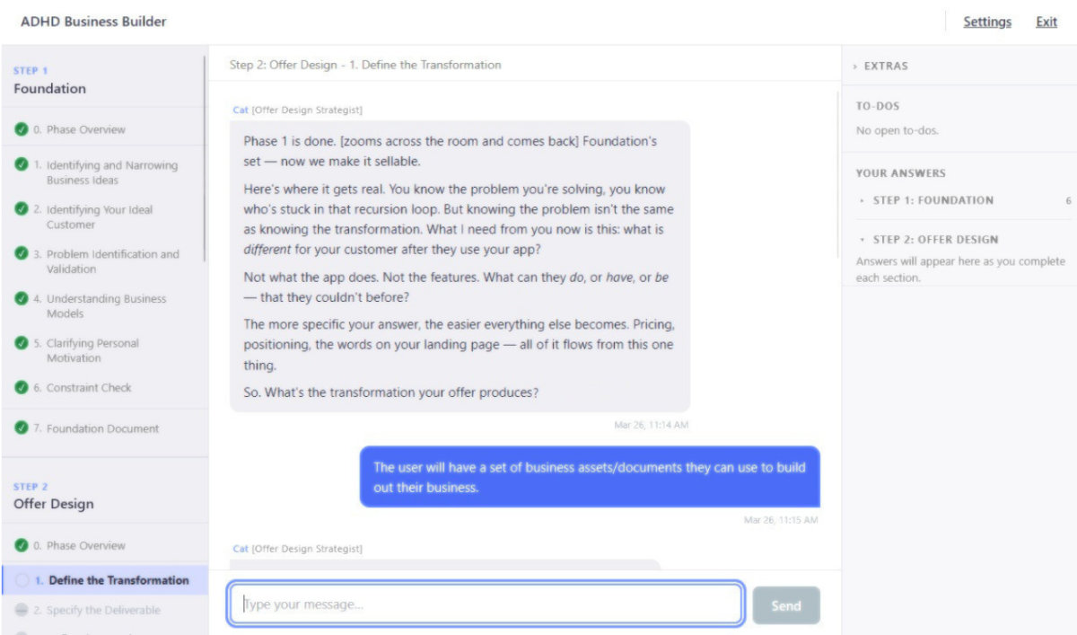 ADHD Business Builder app showing a guided conversation about offer design, with phase navigation on the left and progress tracking on the right